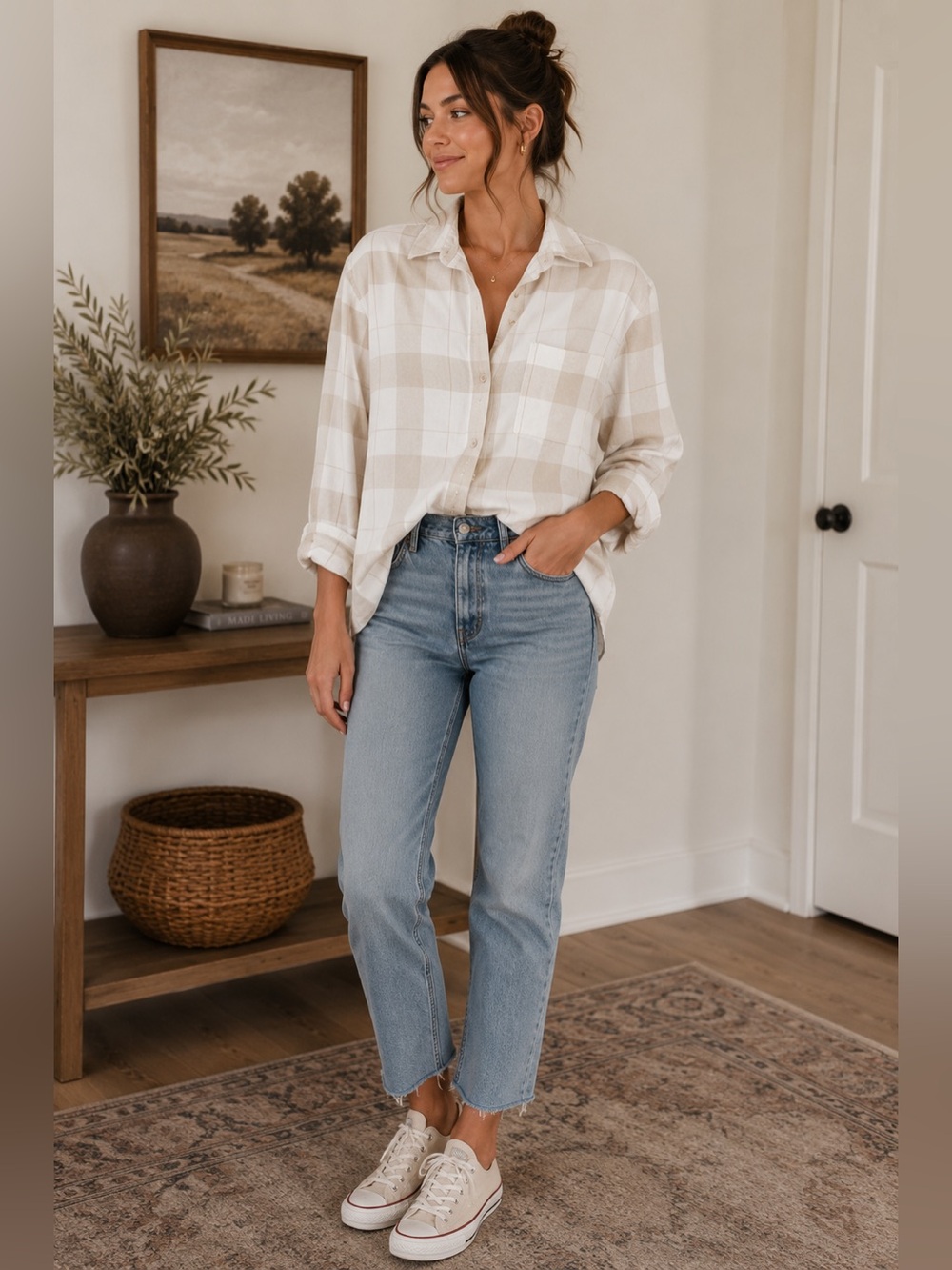 American Eagle Outfitters Beige and White Plaid Button-Down Shirt